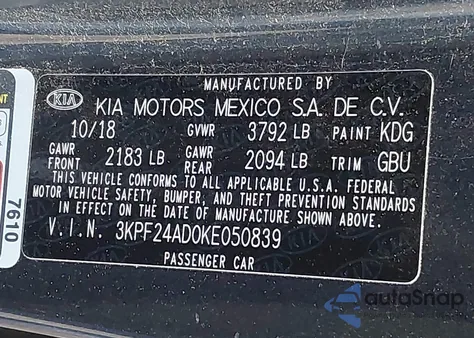 2019 Kia Forte Lxs z USA, uszkodzony, nr VIN 3KPF24AD0KE050839